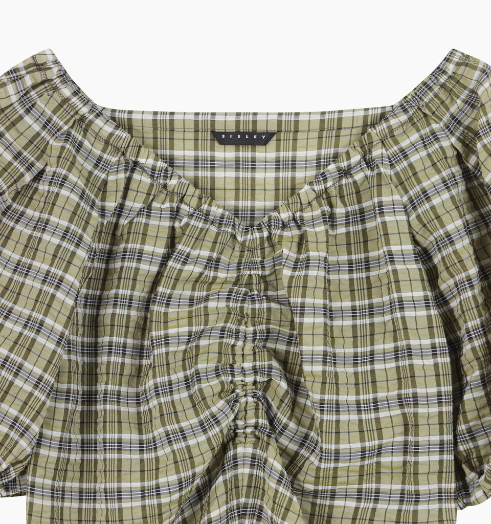 Khaki check blouse with rouching - null - Military Green | Sisley K image number 3